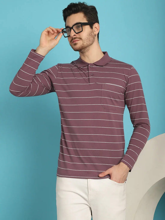 Venitian Men Striped Polo Neck Full Sleeves Onion T-Shirt Wih Pocket