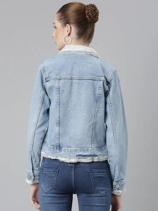 Women Blue Solid Denim Jacket-GZ-5533-Blue