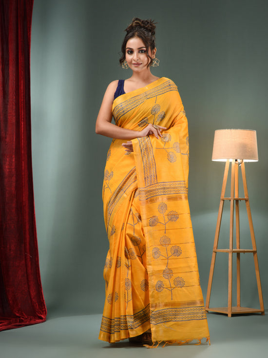 Yellow Blended Silk Handwoven Saree With Flower Designs-MA50BSL34710010