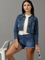 Women's Navy Blue Solid Denim Jacket-AE-0150-Navyblue