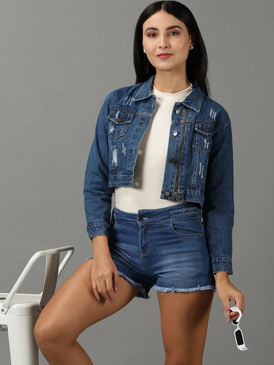 Women's Navy Blue Solid Denim Jacket-AE-0150-Navyblue