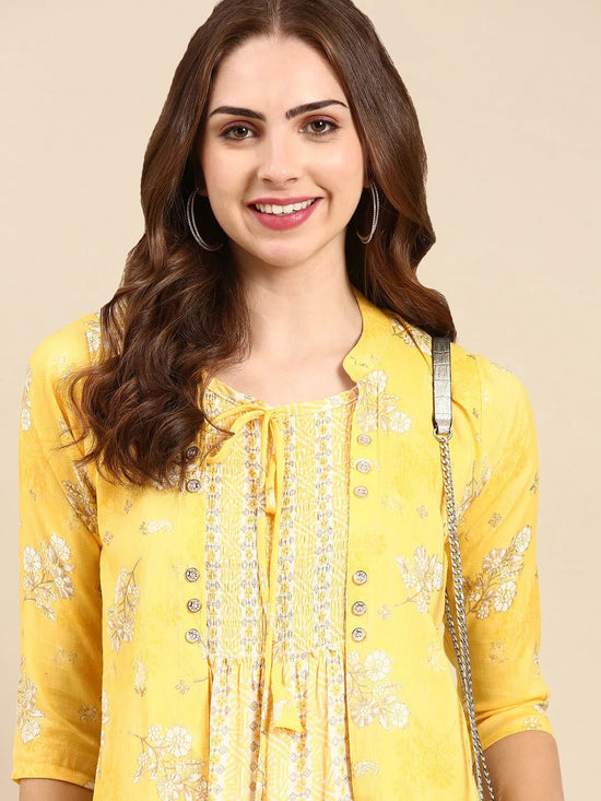 Women's Yellow Printed Anarkali Kurta-KG-9001-Yellow