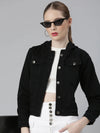 Women Black Solid Denim Jacket-GZ-9510-Black