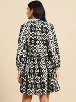 Mini Printed layered dress with balloon sleeve in Black and Cream Print