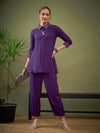 Women Dark Purple Sleeves & Collar Embroidered Shirt With Cuff Pants