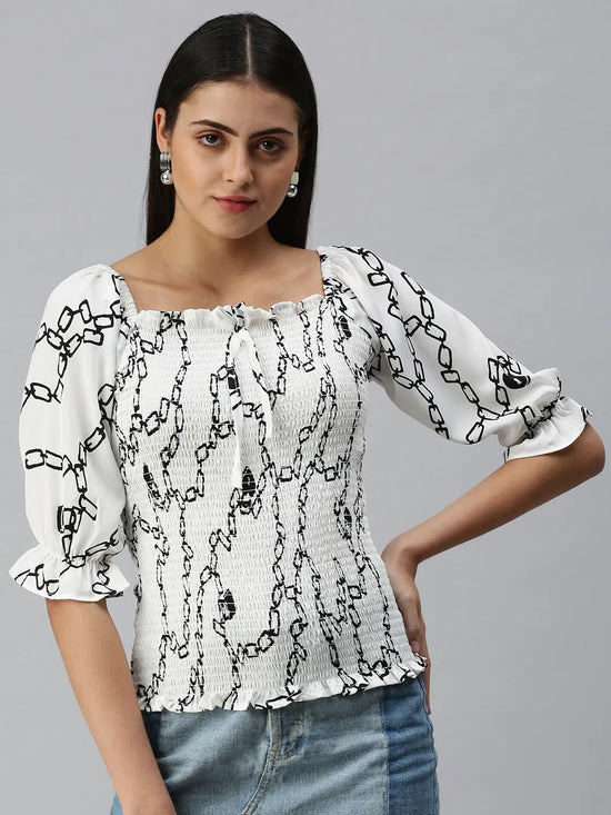 Women White Printed Fitted Top-AE-10276-Whiteblack