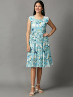 Women's Blue Printed Fit and Flare Dress-NJ-3005268A-Blue