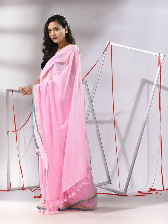 Baby Pink Soft Cotton Saree With Zari Border-MA55CT06500039