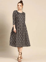 front tucks with flare midi dress in Grey Print