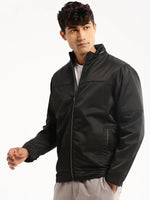 Men Black Mock Collar Solid Bomber-LBR-602-Black