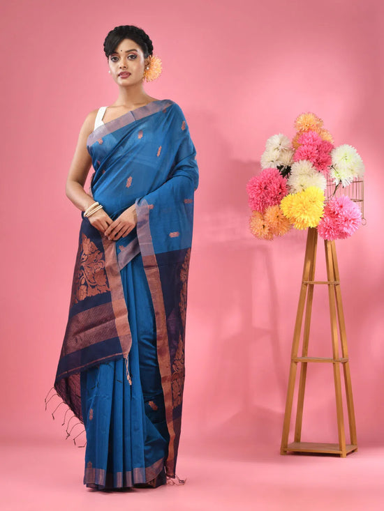 Sapphire Blue Cotton Blend Handwoven Saree With Texture Motifs-MA51BCT431270018