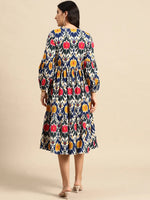 Midi Layered dress with balloon sleeve in Blue and Pink Ikkat Print