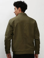 Men Green Solid Casual Bomber Jackets-ZD-3701-Olive