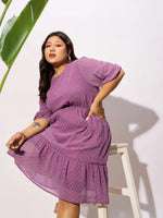 Women Purple Dobby Puff Sleeve Skater Dress