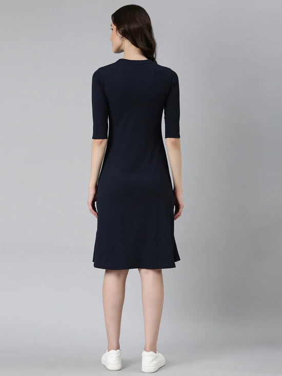 Women Navy Blue Solid A-Line Dress-AE-15880-Navyblue