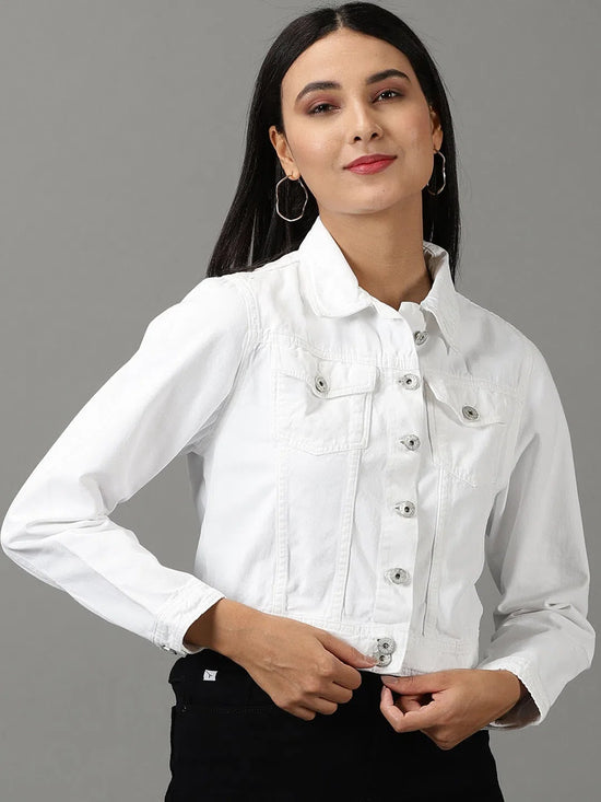 Women's White Solid Denim Jacket-IM-10322-White