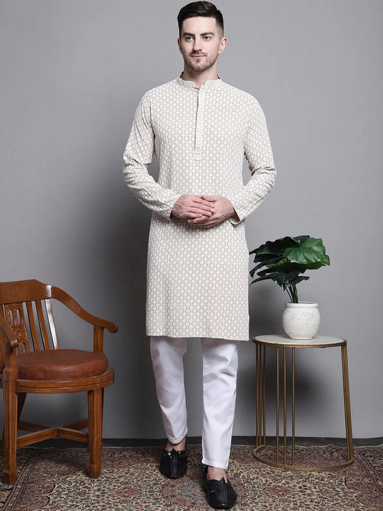 Sequin Embroidered Pure Cotton Kurta with Pyjamas-JOKP-P-5005Beige