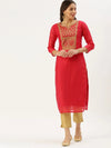 Women's Red Embellished Straight Kurta-GC-1001-Red