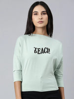 Women Sea Green Typographic Slim Fit Tshirt-AE-546-Seagreen