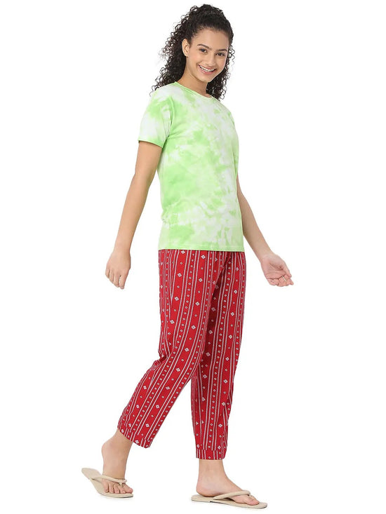 Smarty Pants Women's Cotton Lycra Tie Dye Round Neck T-Shirt & Aztec Print Pajama Night Suit Set-SMNSP-839A-S