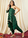 One Shoulder Assymettric Top with Dhoti Pants in Green Color