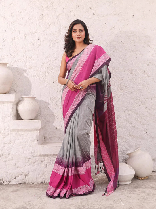 Grey Pure Cotton Ikkat Saree With Texture Border-MA54CT33500068