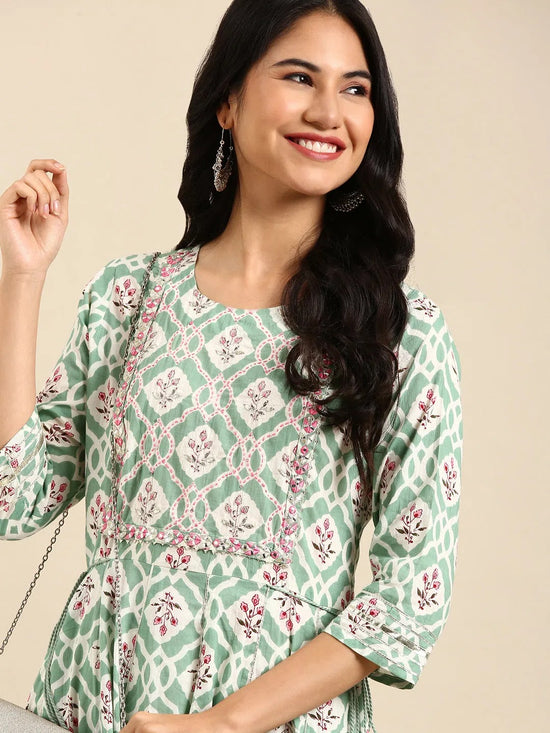 Women's Sea Green Printed Anarkali Kurta-GW-511-Seagreen