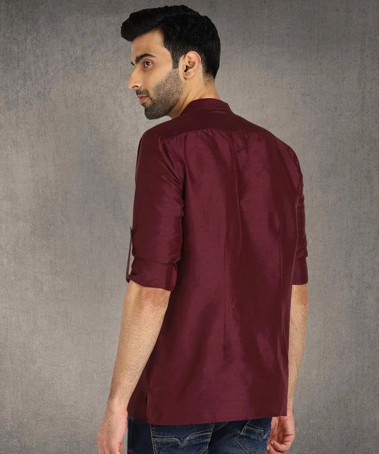 Hangup Men Standard Solid Men's Indian Wear-Maroon_Dupion_Patch_Short2Kurta