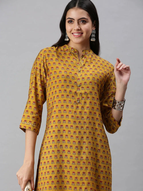 Women's Yellow Printed Straight Kurta-BCCK827-Mustard