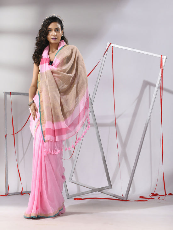 Baby Pink Cotton Saree With Dual Border-MA55CT06540035