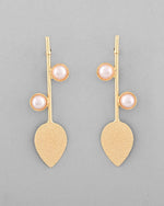 Gold Plated Leaf Shaped with Pearl Studded Earrings-VOJ337