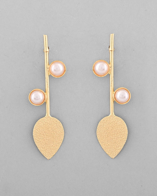 Gold Plated Leaf Shaped with Pearl Studded Earrings-VOJ337