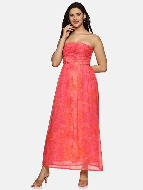 Floral Pink Front Gathered Maxi Dress-17348