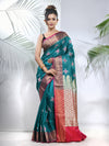 Teal Embroidered Motifs Silk Saree With Zari Borders-MA56BSL44940018