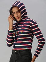 Women's Blue Striped Crop Pullover Sweatshirt-AF-1775-Navyblue