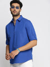 Men Blue Solid Shirt Collar Casual Short Kurta-LAGOM-2006-Blue