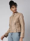 Women Solid Camel Brown Biker Jacket-8809-Camelbrown