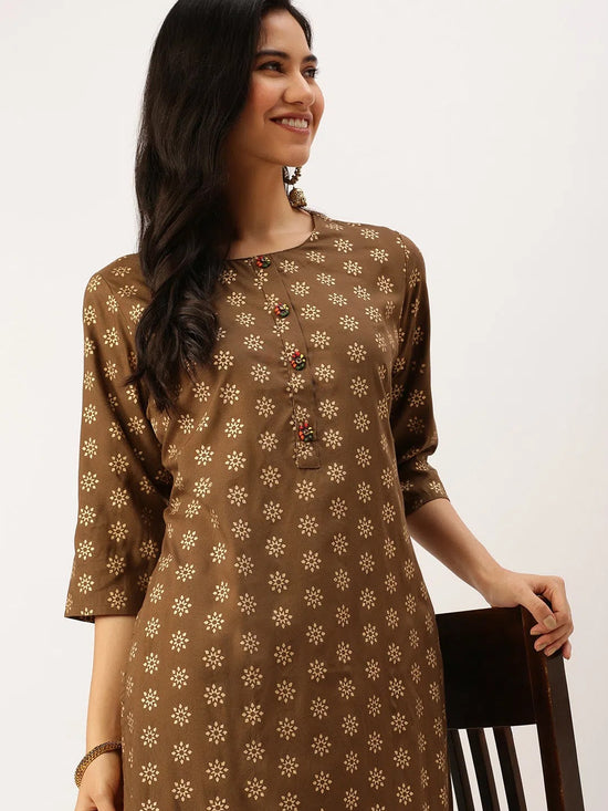 Women's Brown Printed Straight Kurtas-GW-1979-Brown