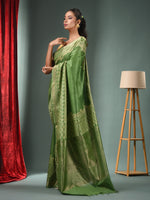 Green Blended Silk Handwoven Saree With Zari Border-MA50BSL34830111