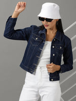 Women's Navy Blue Solid Denim Jacket-LT-JKT-22905-2-Navyblue