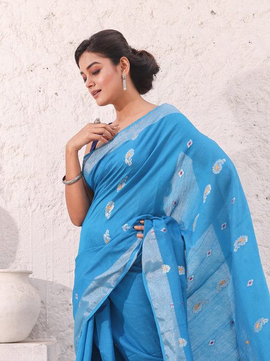 Sky Blue Cotton Saree With Woven Designs And Zari Border-MA54BCT041210048