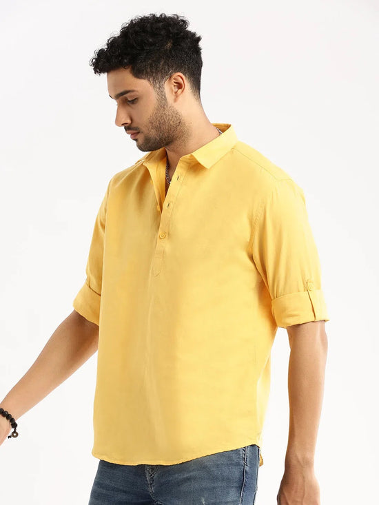 Men Yellow Solid Shirt Collar Casual Short Kurta-LAGOM-2022-Yellow