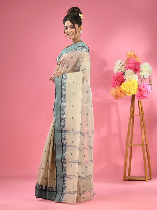 Ecru Pure Cotton Tant Saree With Woven Designs-MA51TT43480065