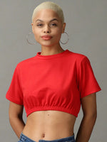 Women's Red Solid Cinched Waist Crop Top-AE-10504-Red