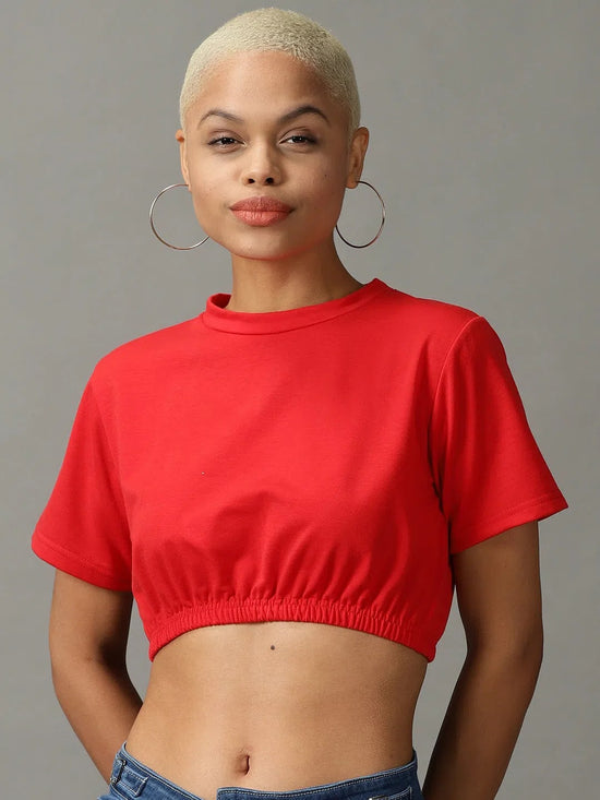 Women's Red Solid Cinched Waist Crop Top-AE-10504-Red