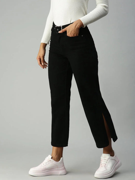 Women's Black Solid Denim Wide Leg Jeans-IM9811-Black