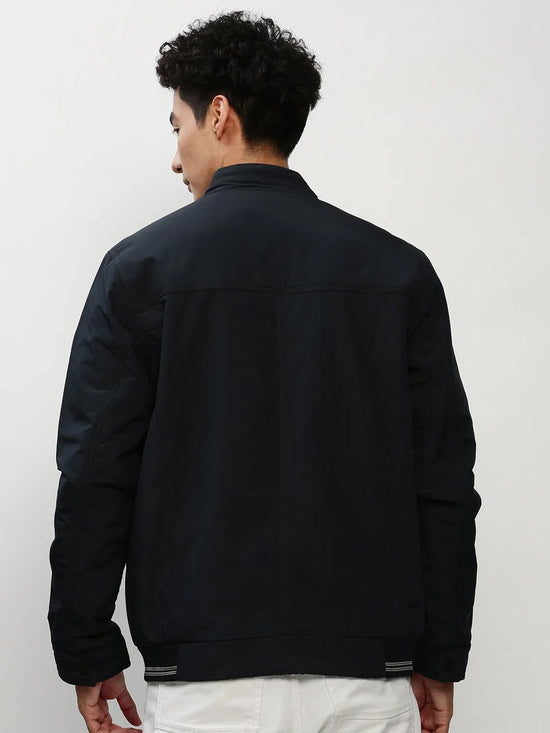 Men Navy Solid Casual Bomber Jackets-ZD-3408-Navyblue