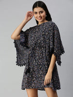 Women's Navy Blue Floral Empire Dress-AE-9916-Navyblue