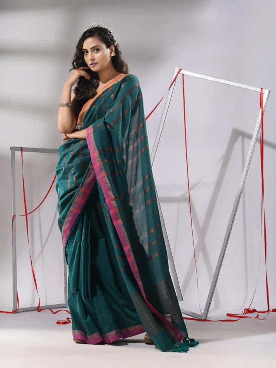 Teal Soft Cotton Saree With  Zari Stripe Designs-MA55CT06530047