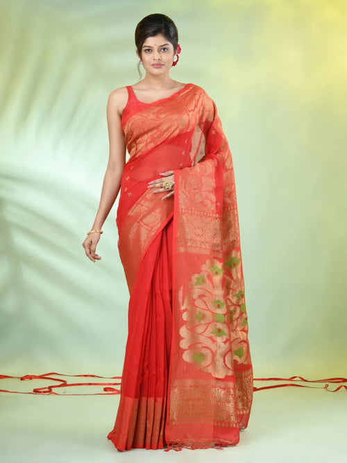 Red Cotton Saree With Nakshi Zari Borders-MA66BCT431600030